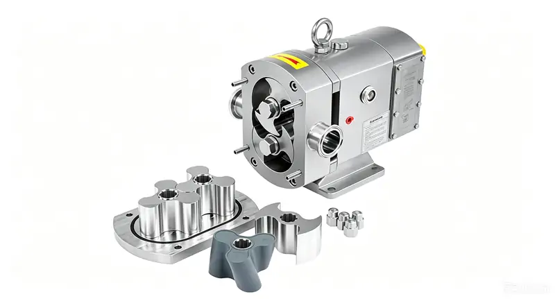 Full overview of stainless steel sanitary rotary lobe pump matched with disassembled lobe rotor accessories, hygienic positive displacement pump for food beverage production